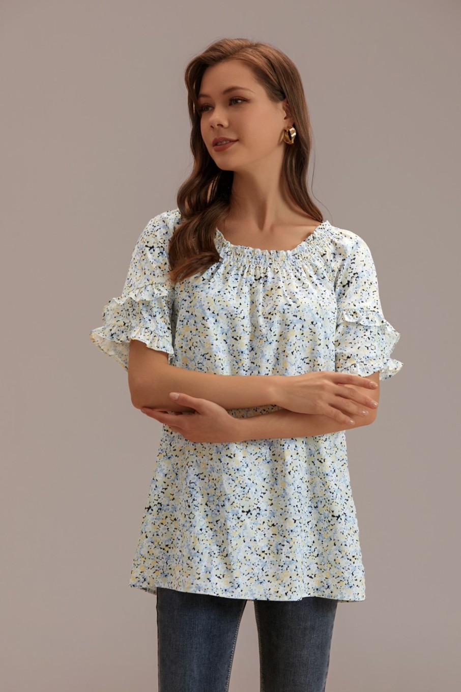 Wholesale Floral Short Sleeve Ruffle Mock Round Neck Blouse Sea Breeze