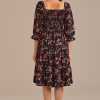 Best Floral 3/4 Sleeve Square Neck Smocked Tiered Midi Dress Black