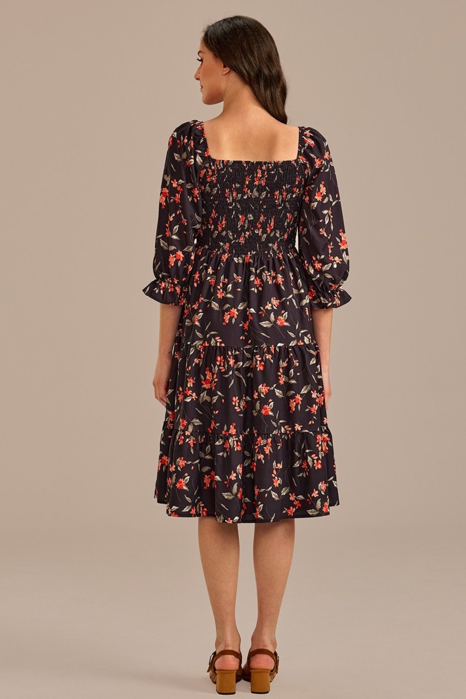 Best Floral 3/4 Sleeve Square Neck Smocked Tiered Midi Dress Black