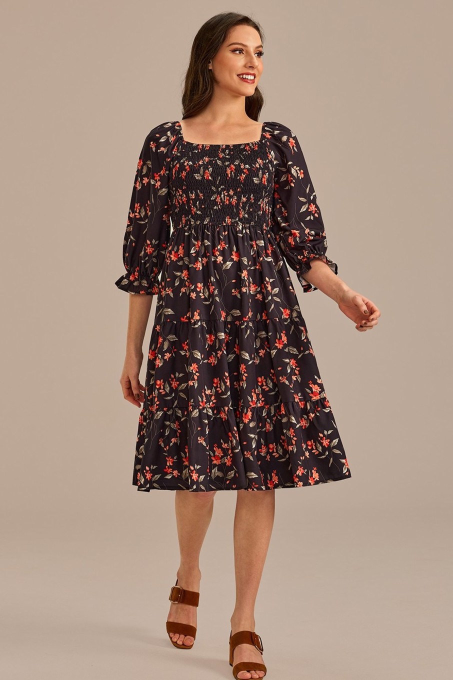 Best Floral 3/4 Sleeve Square Neck Smocked Tiered Midi Dress Black