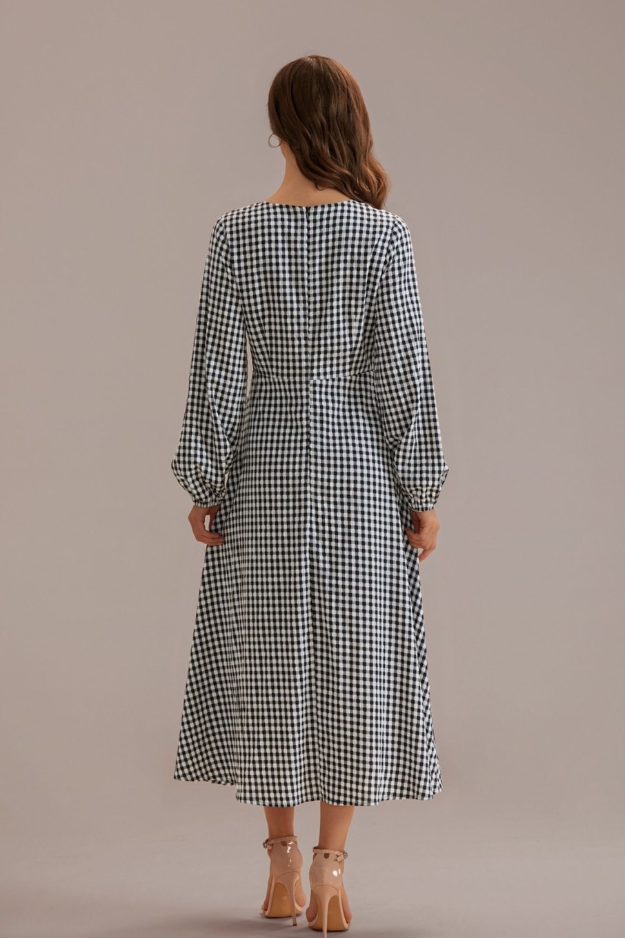 Hot Plaid Long Sleeve Round Neck Midi Dress Multi