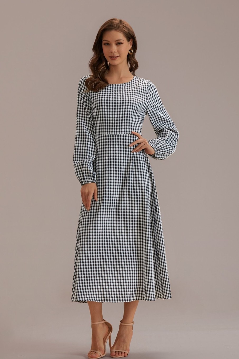 Hot Plaid Long Sleeve Round Neck Midi Dress Multi