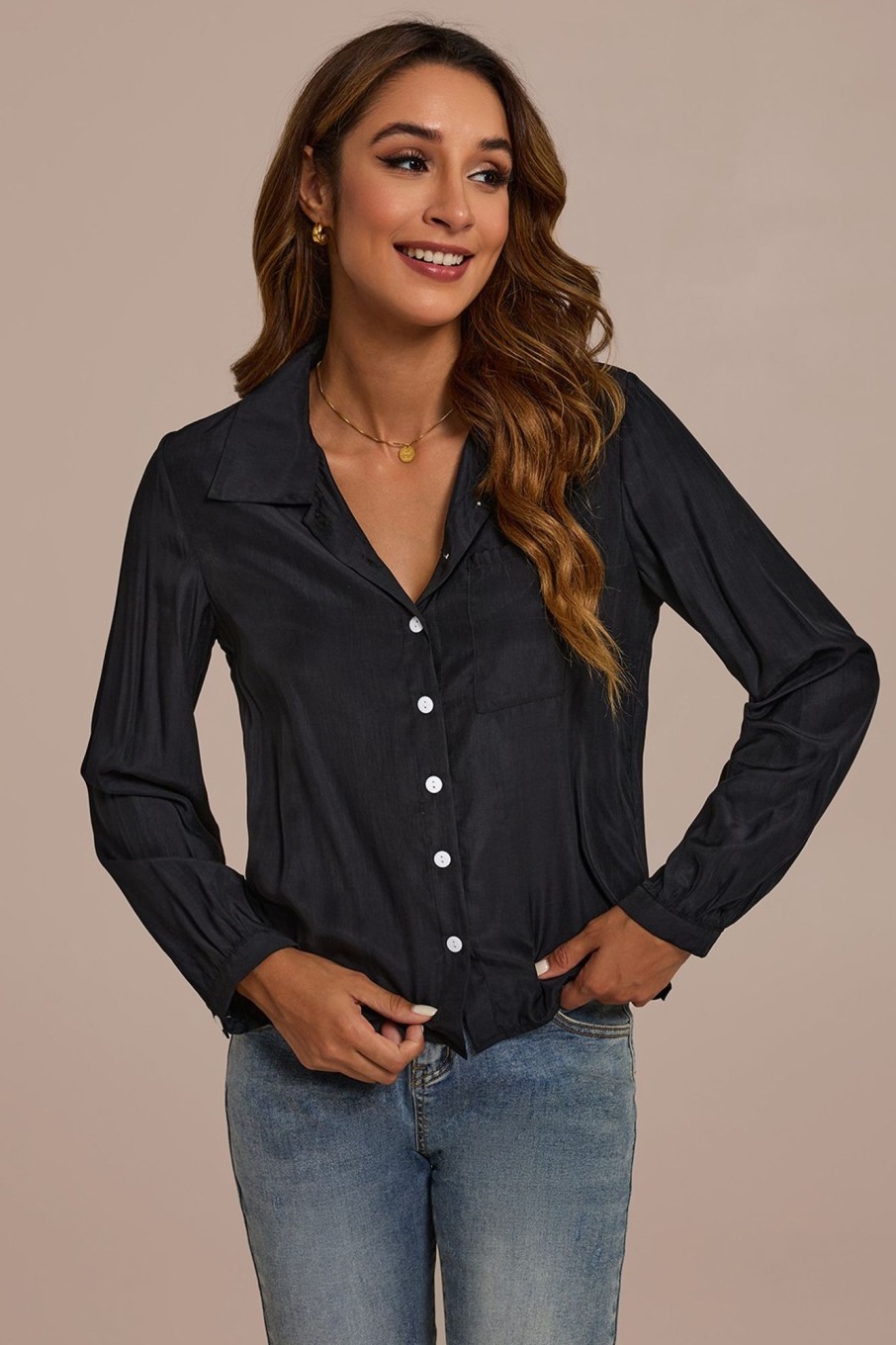 Clearance Long Sleeve V Neck Buttons Blouse Black