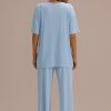 Best Blue Shirring Pajamas Sleep Home Loungewear Set With Pocket As Picture