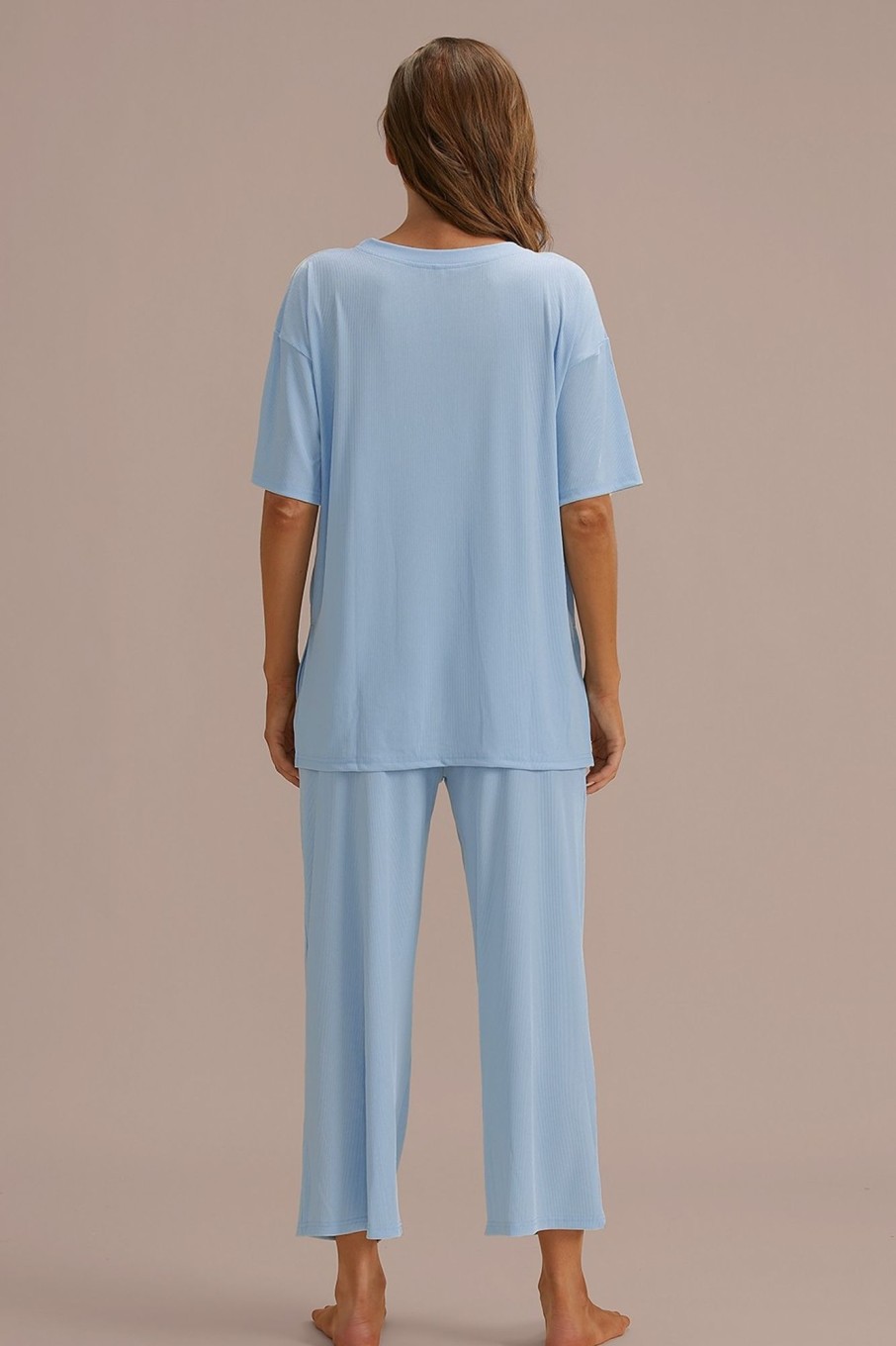 Best Blue Shirring Pajamas Sleep Home Loungewear Set With Pocket As Picture