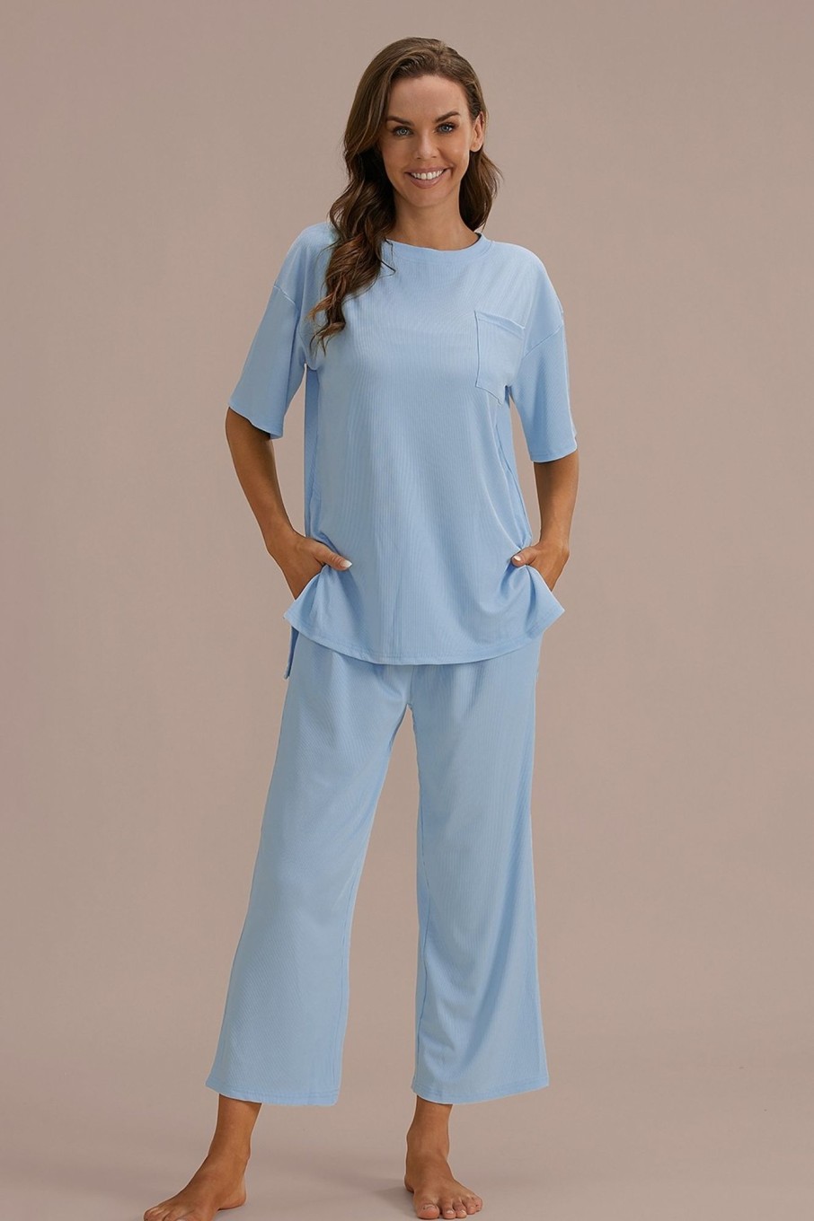 Best Blue Shirring Pajamas Sleep Home Loungewear Set With Pocket As Picture