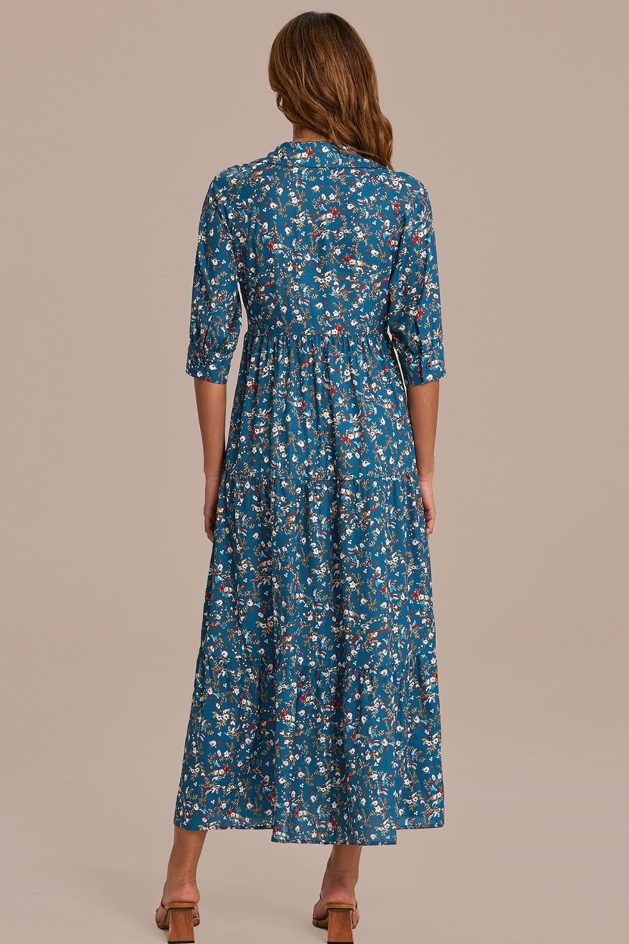 Wholesale Floral Half Sleeve V Neck Maxi Dress Blue