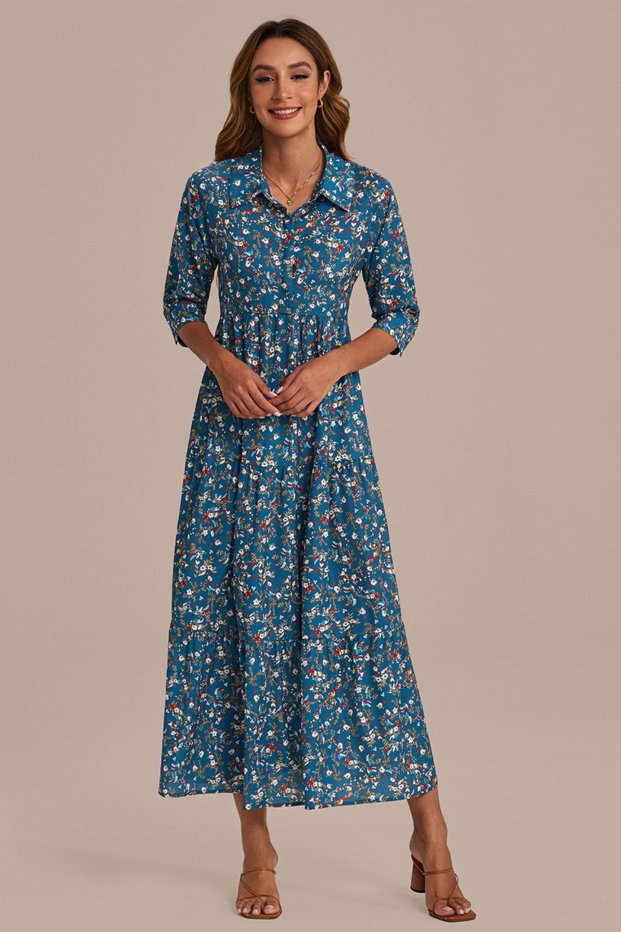 Wholesale Floral Half Sleeve V Neck Maxi Dress Blue