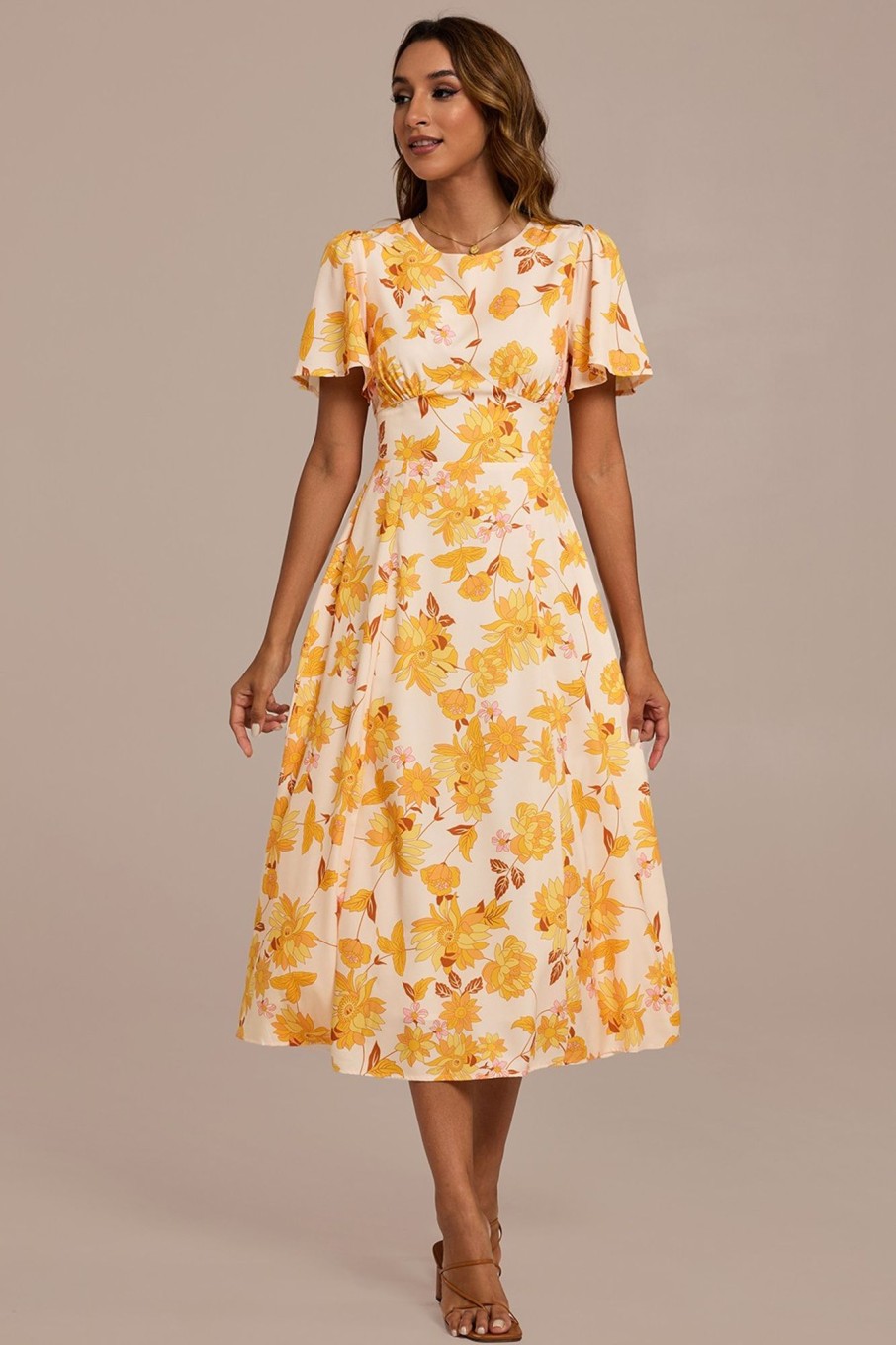 Hot Floral Short Sleeve Round Neck Midi Dress Yellow