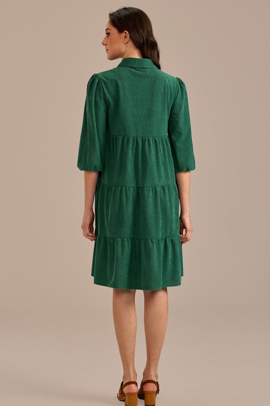 New 3/4 Sleeve Button Down Midi Dress Green