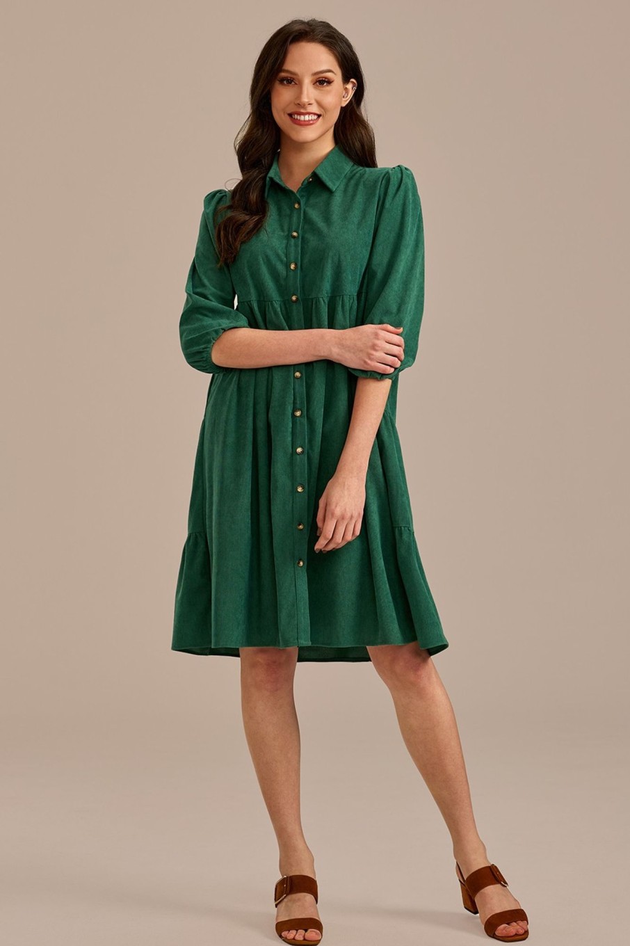 New 3/4 Sleeve Button Down Midi Dress Green