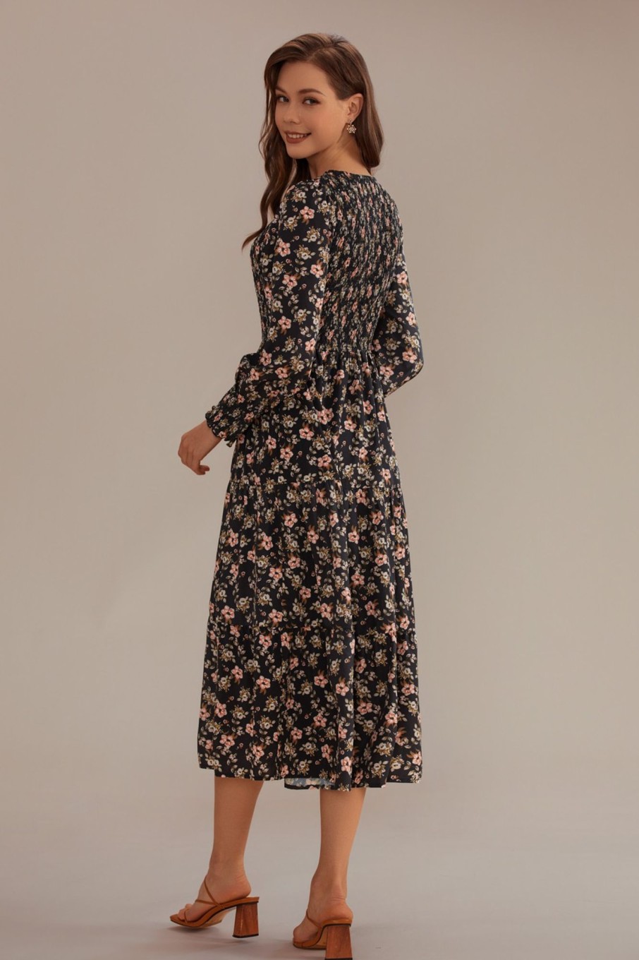 Wholesale Floral Long Sleeve Round Neck Smocked Midi Dress Multi