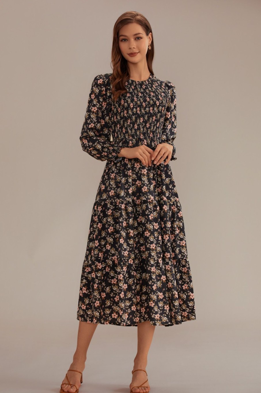 Wholesale Floral Long Sleeve Round Neck Smocked Midi Dress Multi