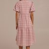 New Plaid Short Sleeve Round Neck Midi Dress Pink