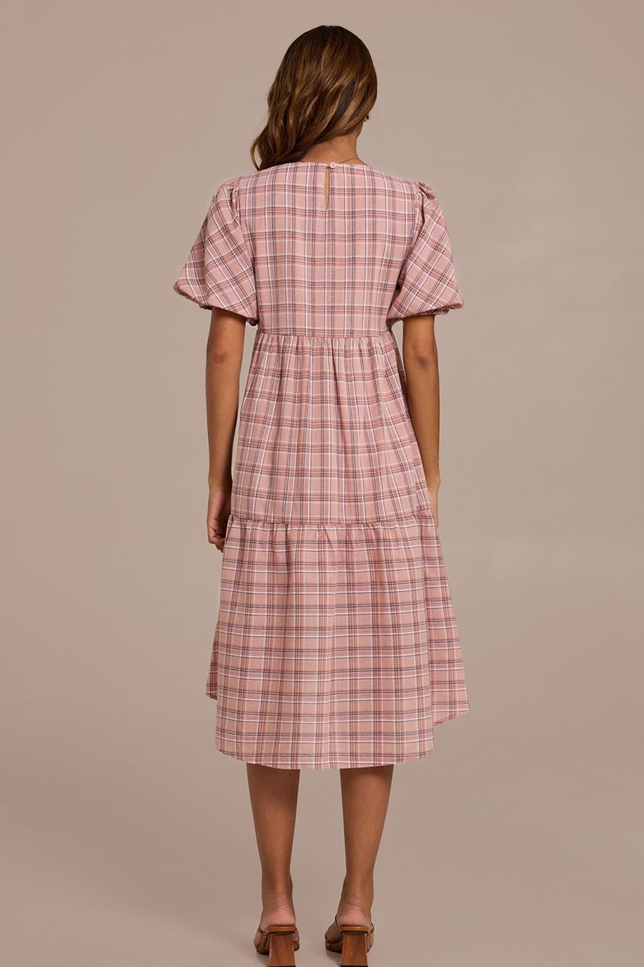 New Plaid Short Sleeve Round Neck Midi Dress Pink