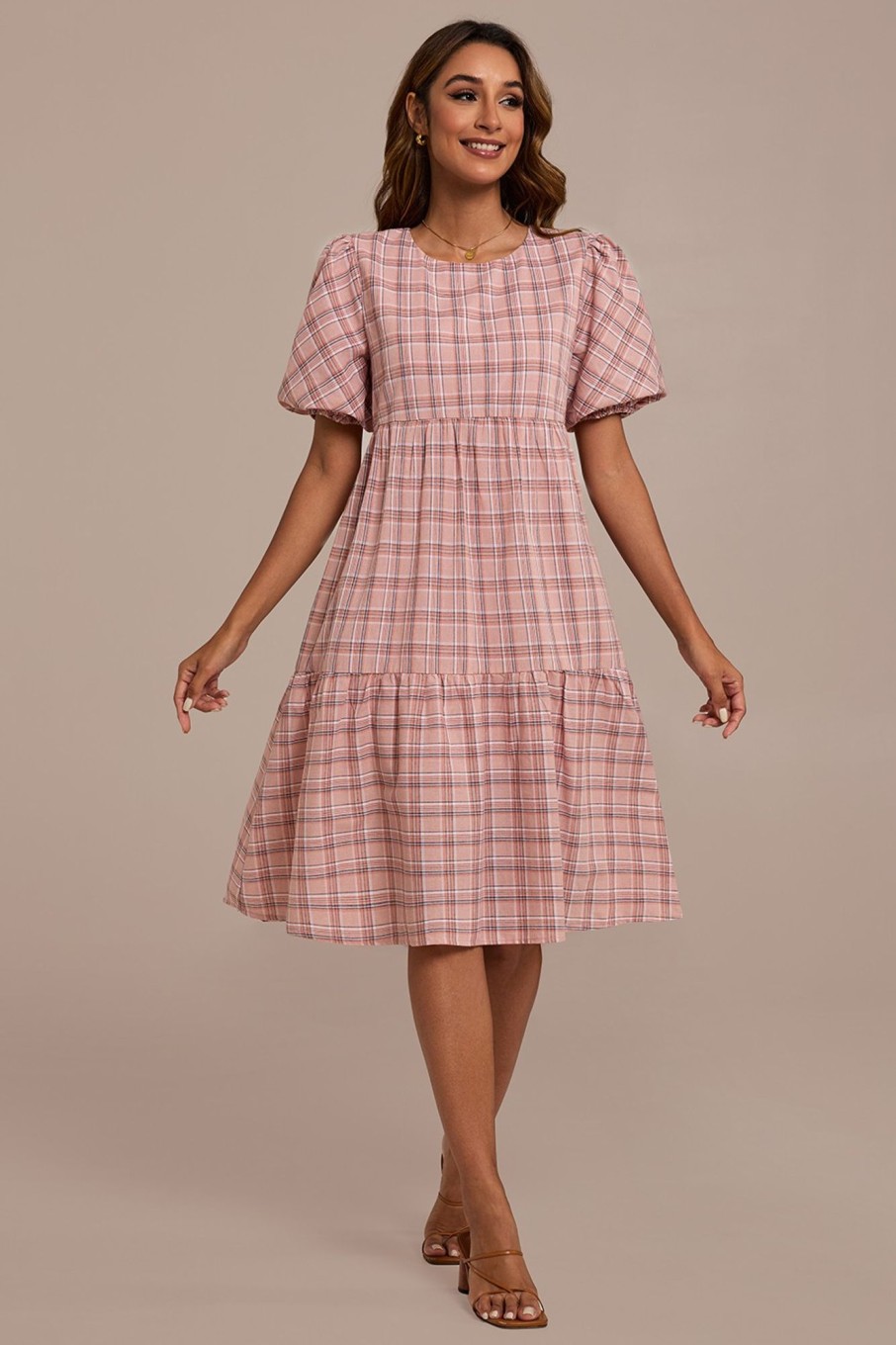 New Plaid Short Sleeve Round Neck Midi Dress Pink