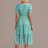 Wholesale Floral Puff Sleeve Round Neck Smocked Tiered Midi Dress Sage