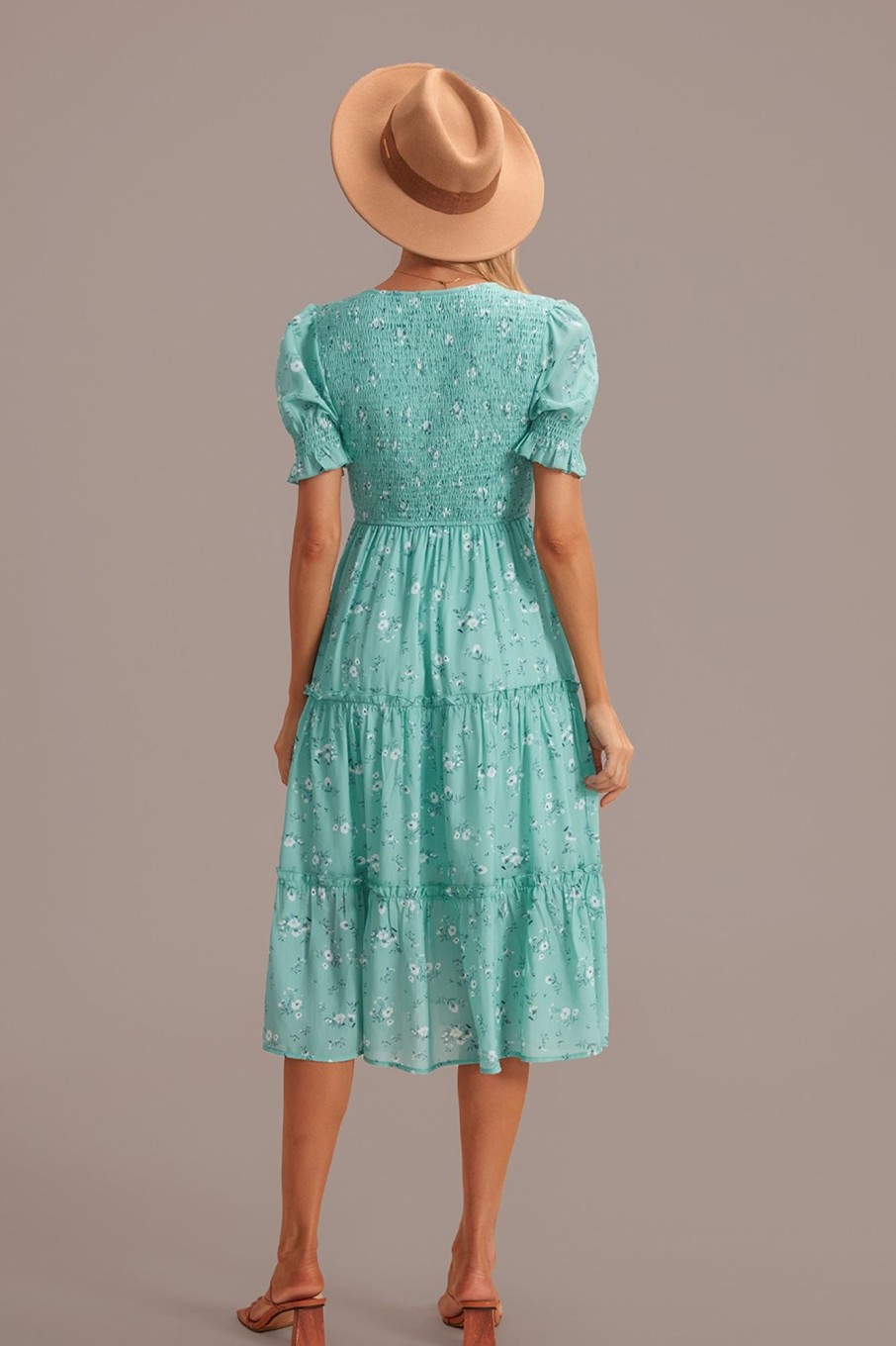 Wholesale Floral Puff Sleeve Round Neck Smocked Tiered Midi Dress Sage