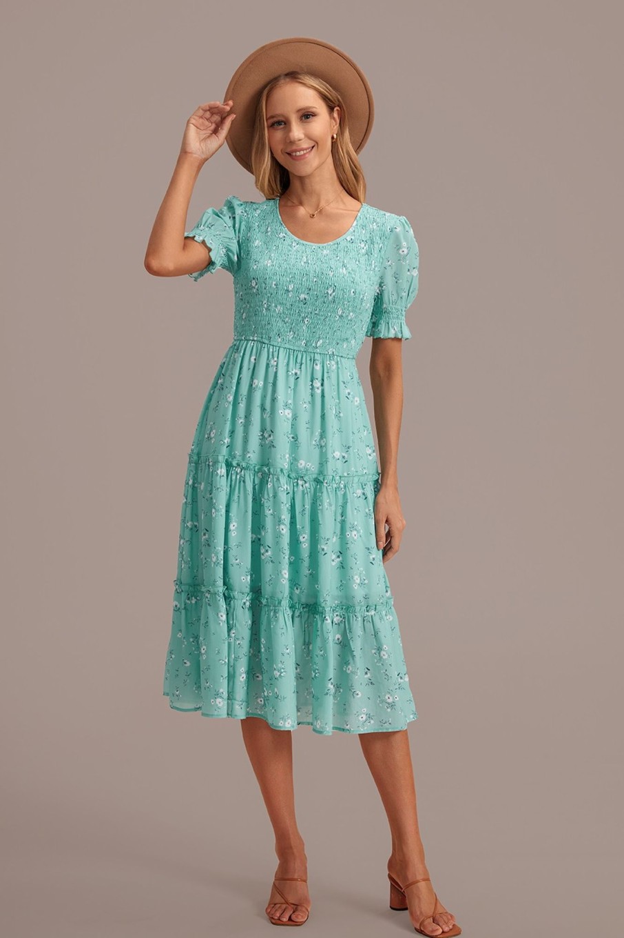 Wholesale Floral Puff Sleeve Round Neck Smocked Tiered Midi Dress Sage