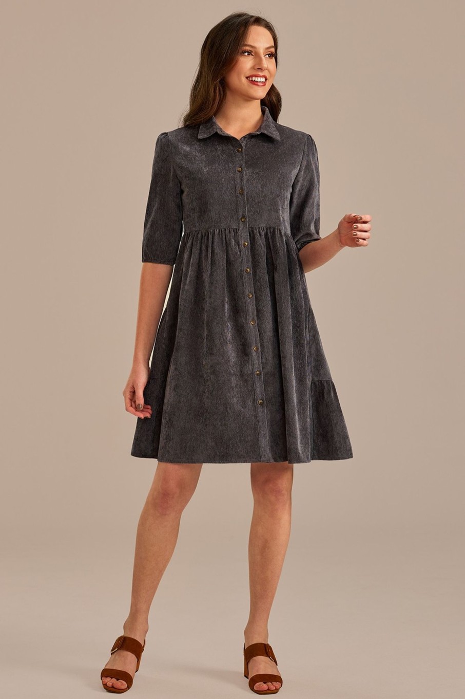 Clearance 3/4 Sleeve Button Front Tiered Midi Dress Washed Black