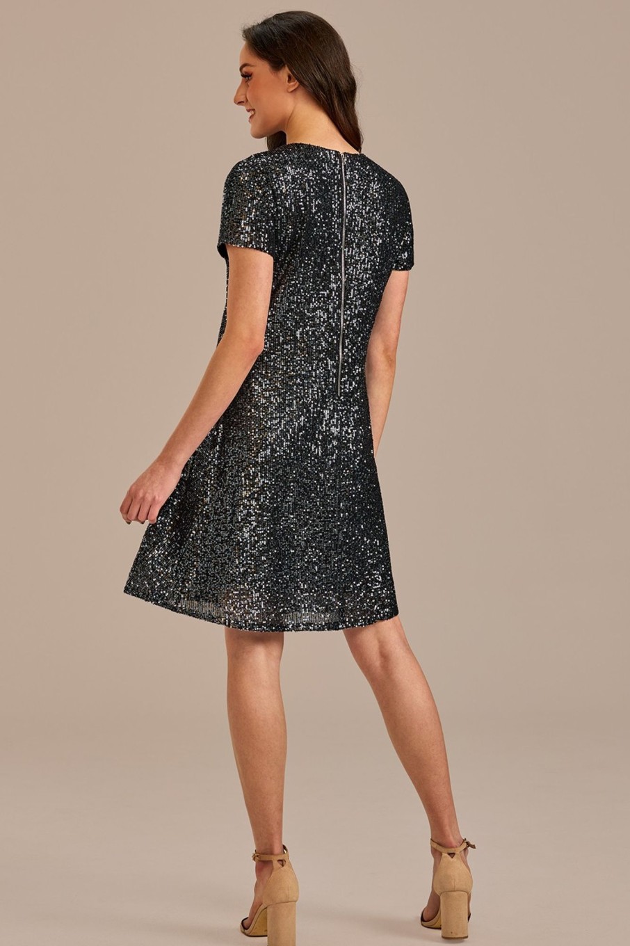 Hot Sequin Short Sleeve Round Neck Tiered Midi Dress Black