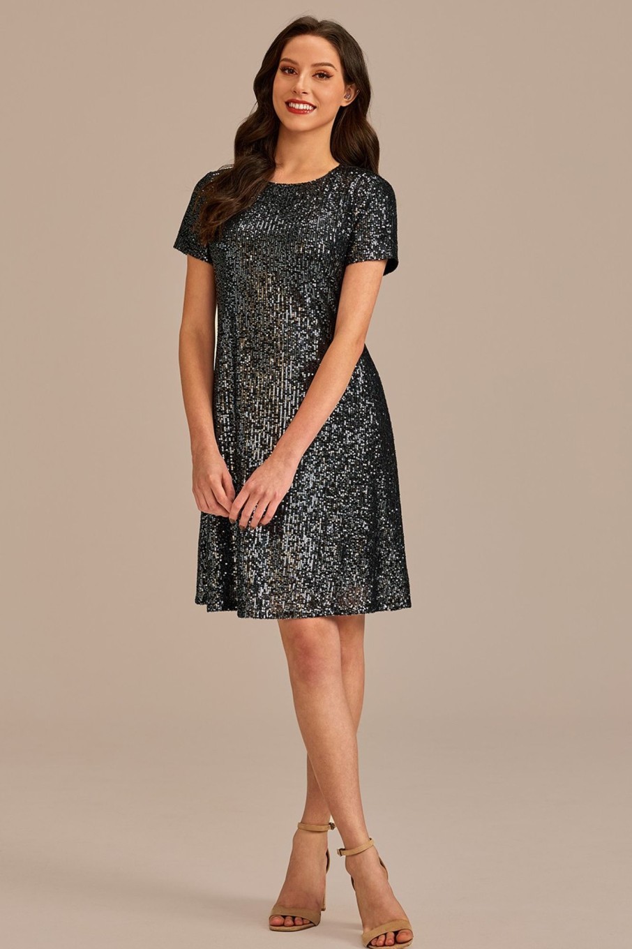 Hot Sequin Short Sleeve Round Neck Tiered Midi Dress Black