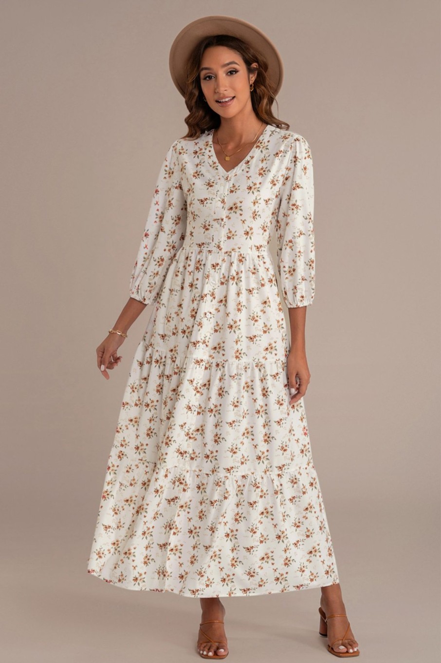 Online 3/4 Sleeve V Neck Buttons Tiered Maxi Dress With Pockets Floral