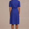 Best Polka Dots Short Sleeve Cross V Neck Buttons Midi Dress Blue