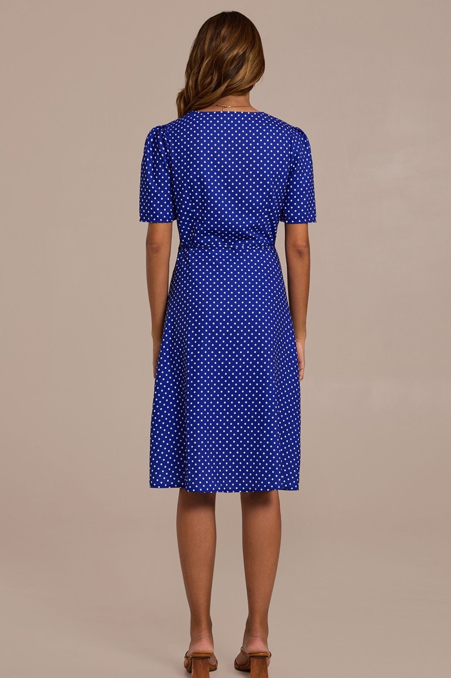 Best Polka Dots Short Sleeve Cross V Neck Buttons Midi Dress Blue