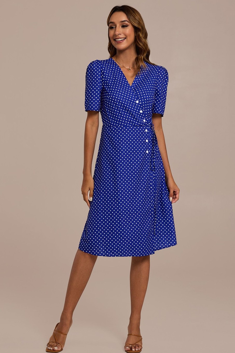 Best Polka Dots Short Sleeve Cross V Neck Buttons Midi Dress Blue