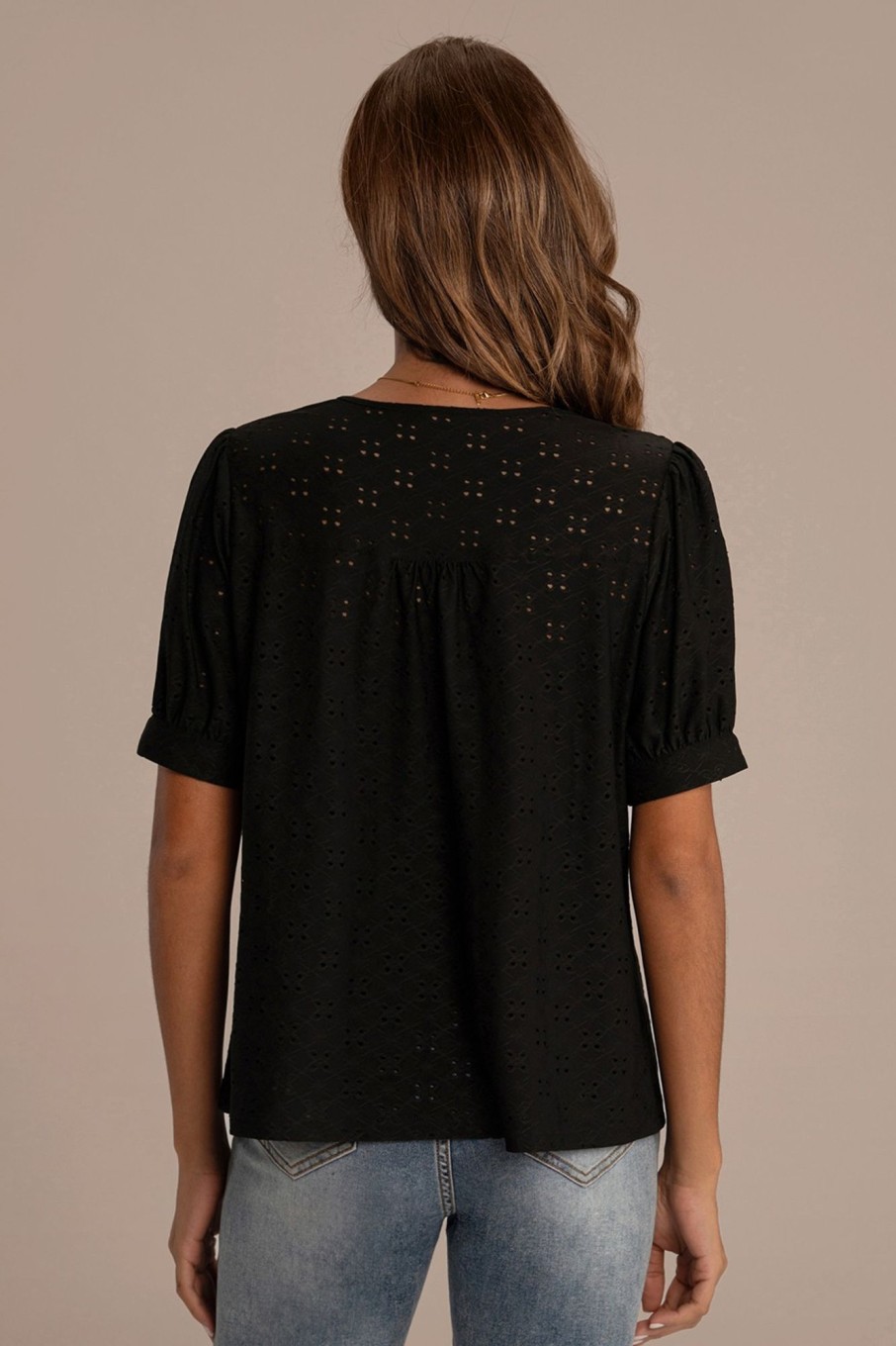 New Round Neck Short Sleeve Buttons Blouse Black