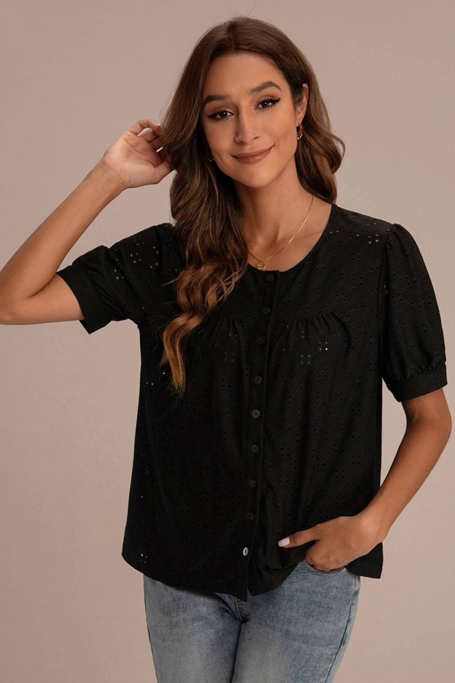 New Round Neck Short Sleeve Buttons Blouse Black