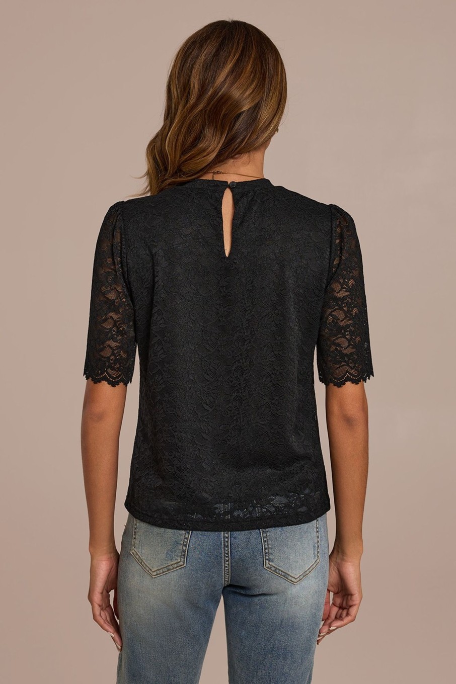 Clearance Lace Short Sleeve High Neck Top Black