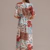 Wholesale Contrast Floral Half Sleeve V Neck Elastic Waist Maxi Dress Clay