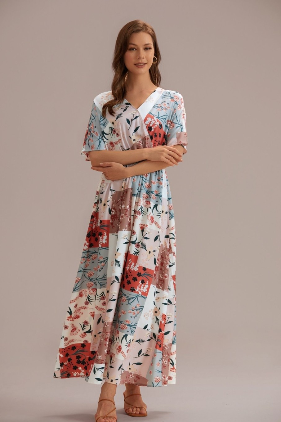 Wholesale Contrast Floral Half Sleeve V Neck Elastic Waist Maxi Dress Clay