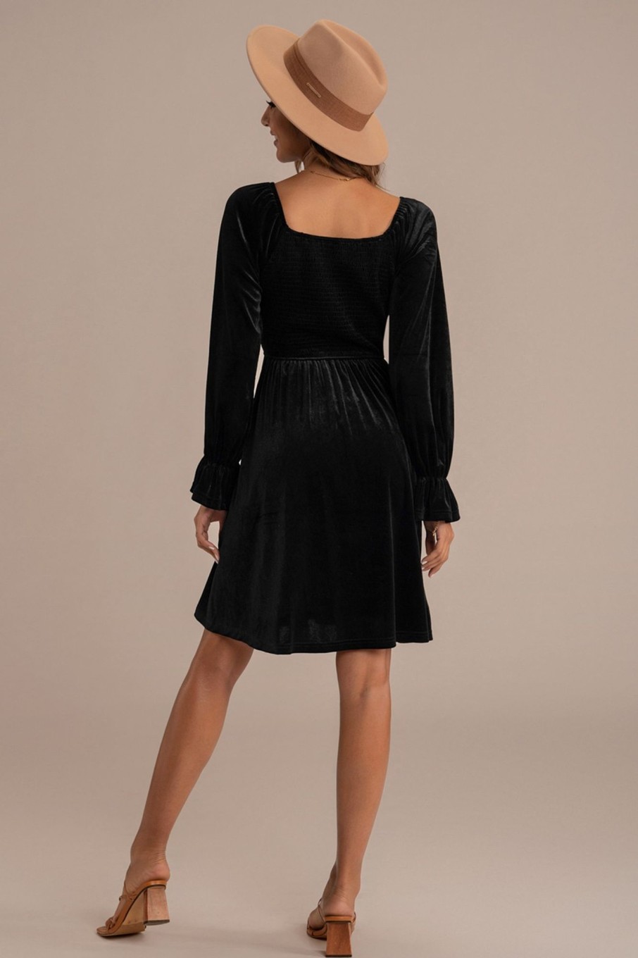 Clearance Long Sleeve Square Neck Midi Dress Black