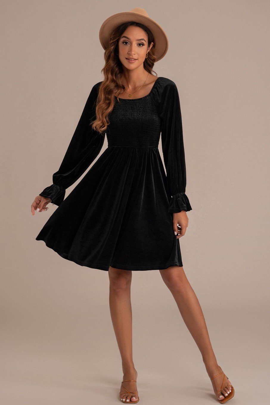 Clearance Long Sleeve Square Neck Midi Dress Black