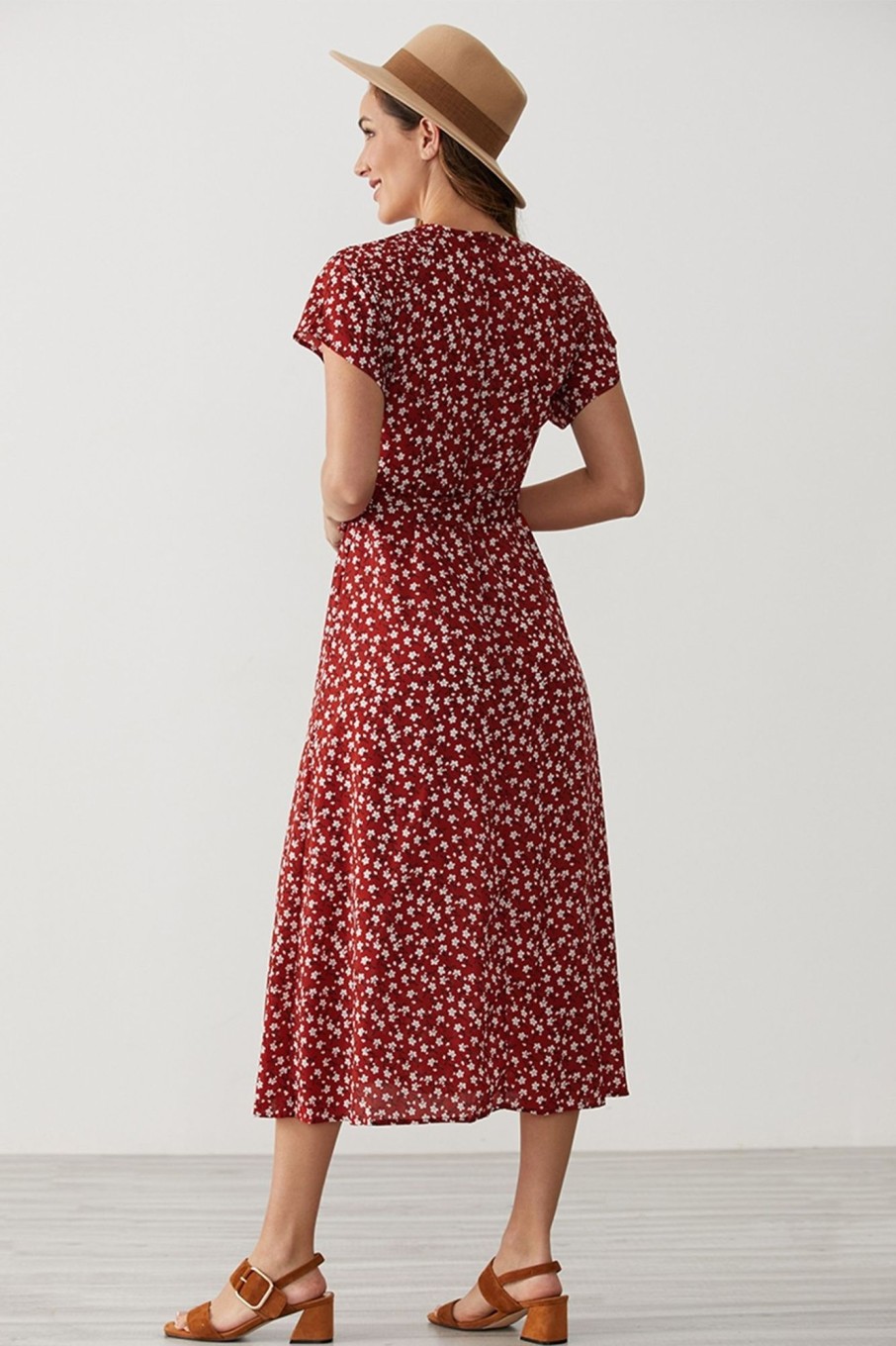 Best Floral Short Sleeve V Neck Button Maxi Dress Crimson