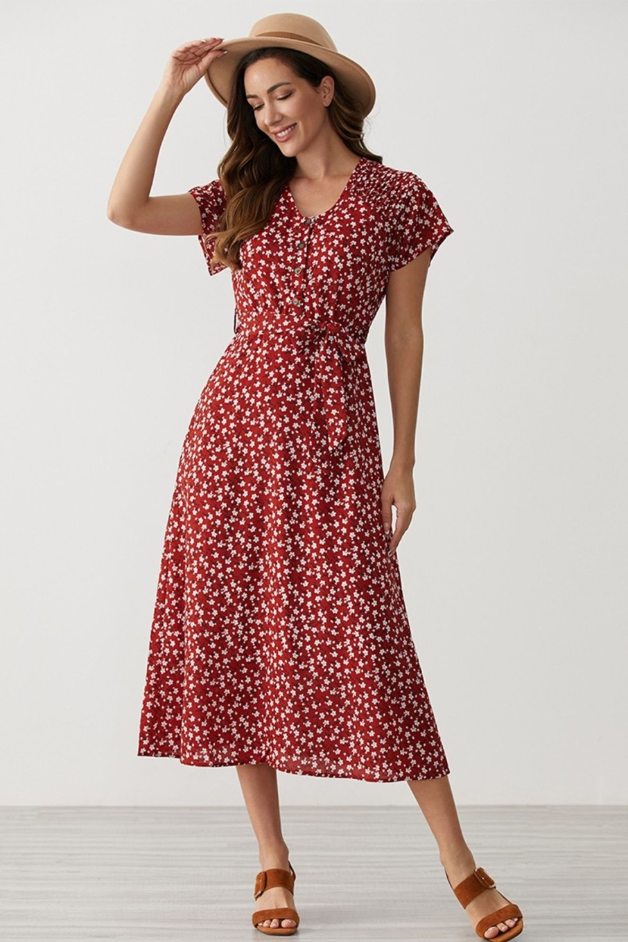 Best Floral Short Sleeve V Neck Button Maxi Dress Crimson