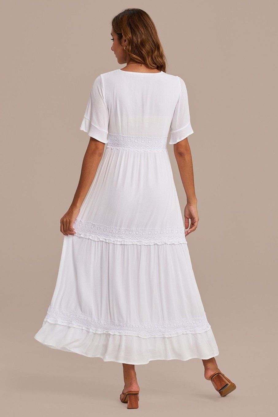 New Lace Short Sleeve V Neck Tiered Maxi Dress White