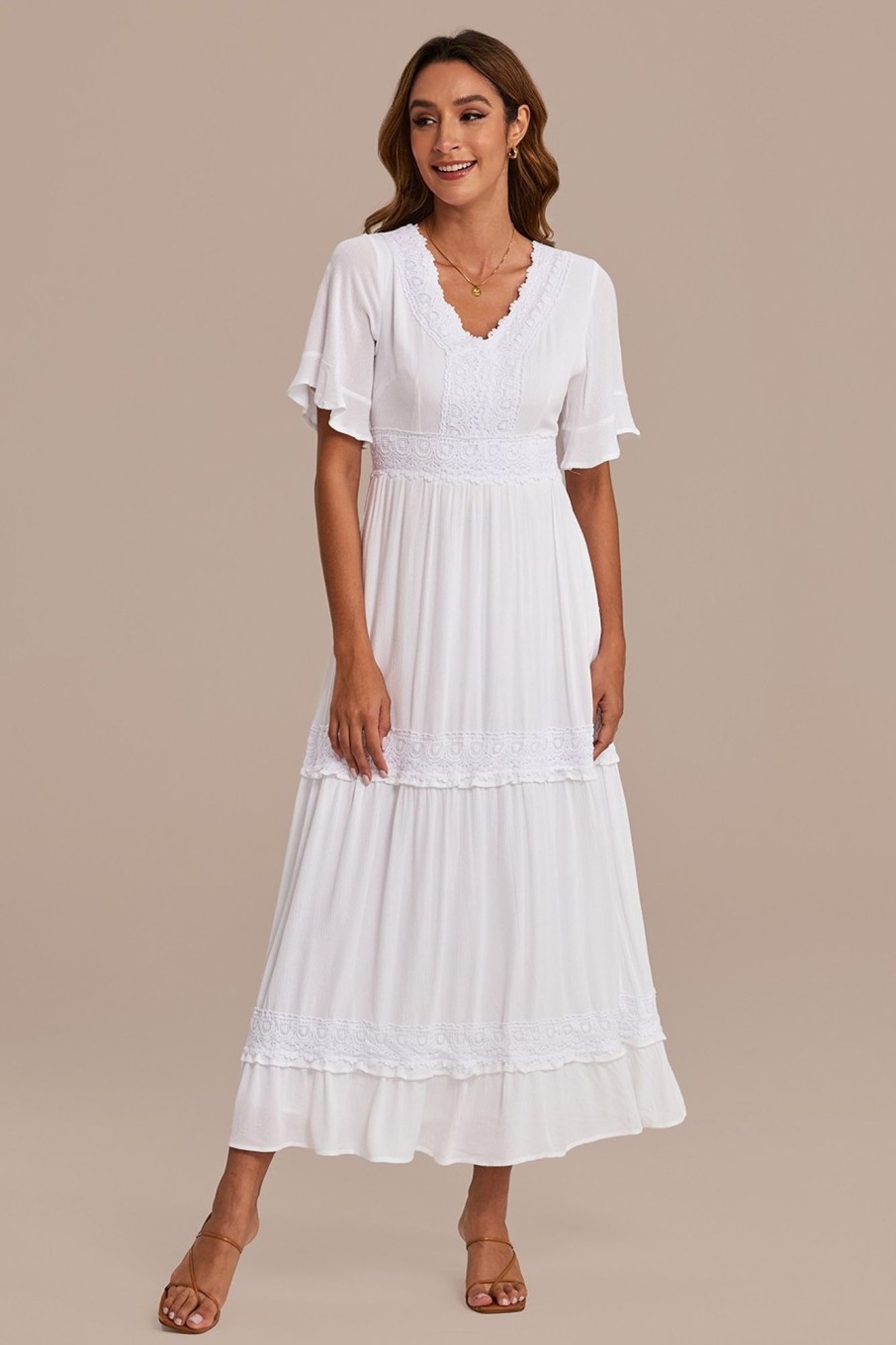 New Lace Short Sleeve V Neck Tiered Maxi Dress White