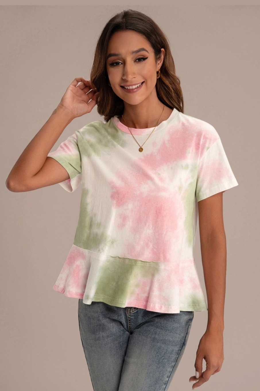 Online Multicolor Tie Dye Short Sleeve Round Neck Peplum Shirt Multi Color