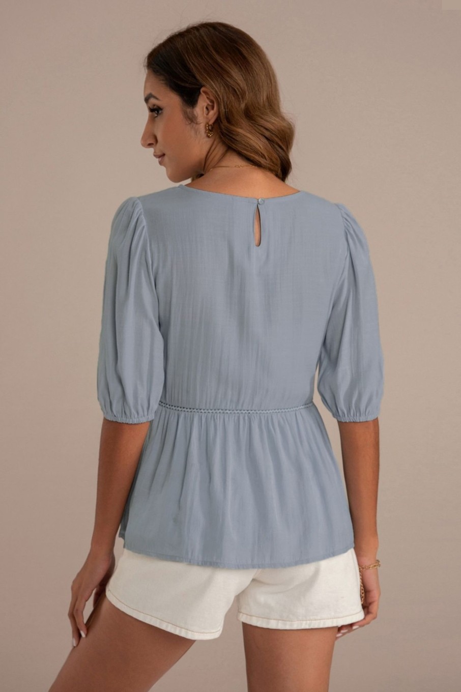 New Blue Half Sleeve Round Neck Blouse Light Blue