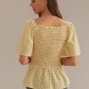 Best Plaid Square Neck Short Sleeve Blouse Yellow