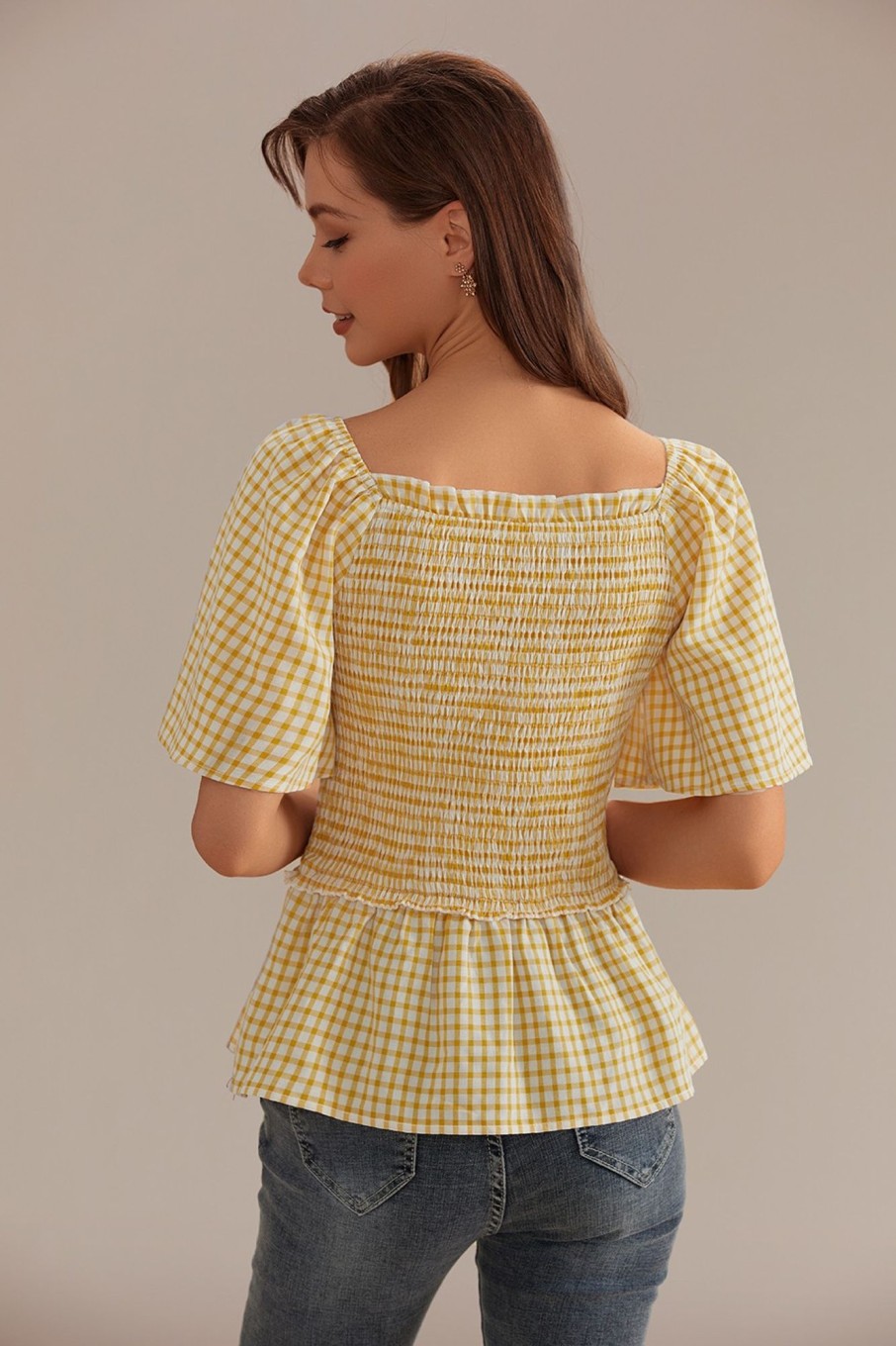 Best Plaid Square Neck Short Sleeve Blouse Yellow