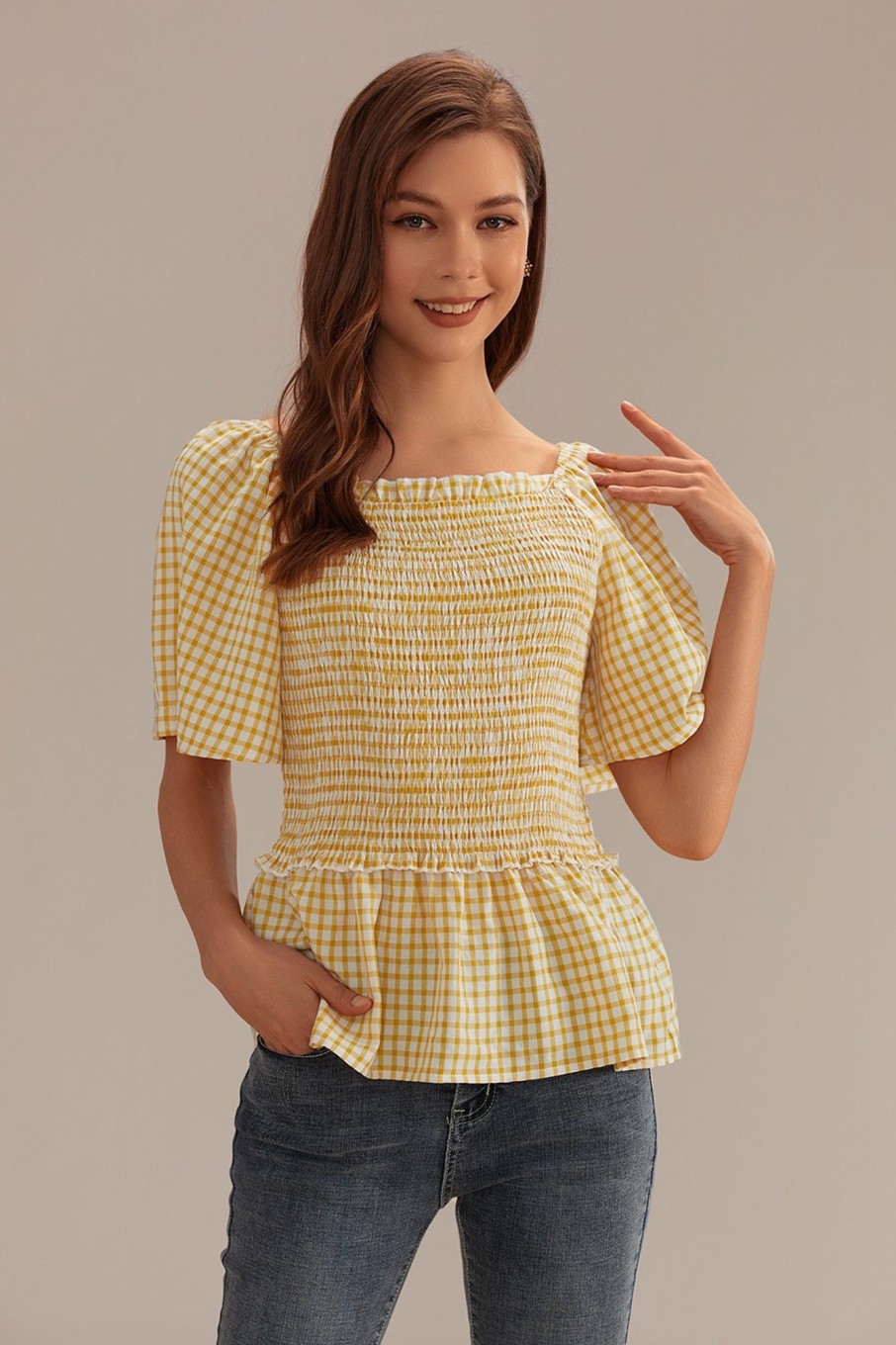 Best Plaid Square Neck Short Sleeve Blouse Yellow