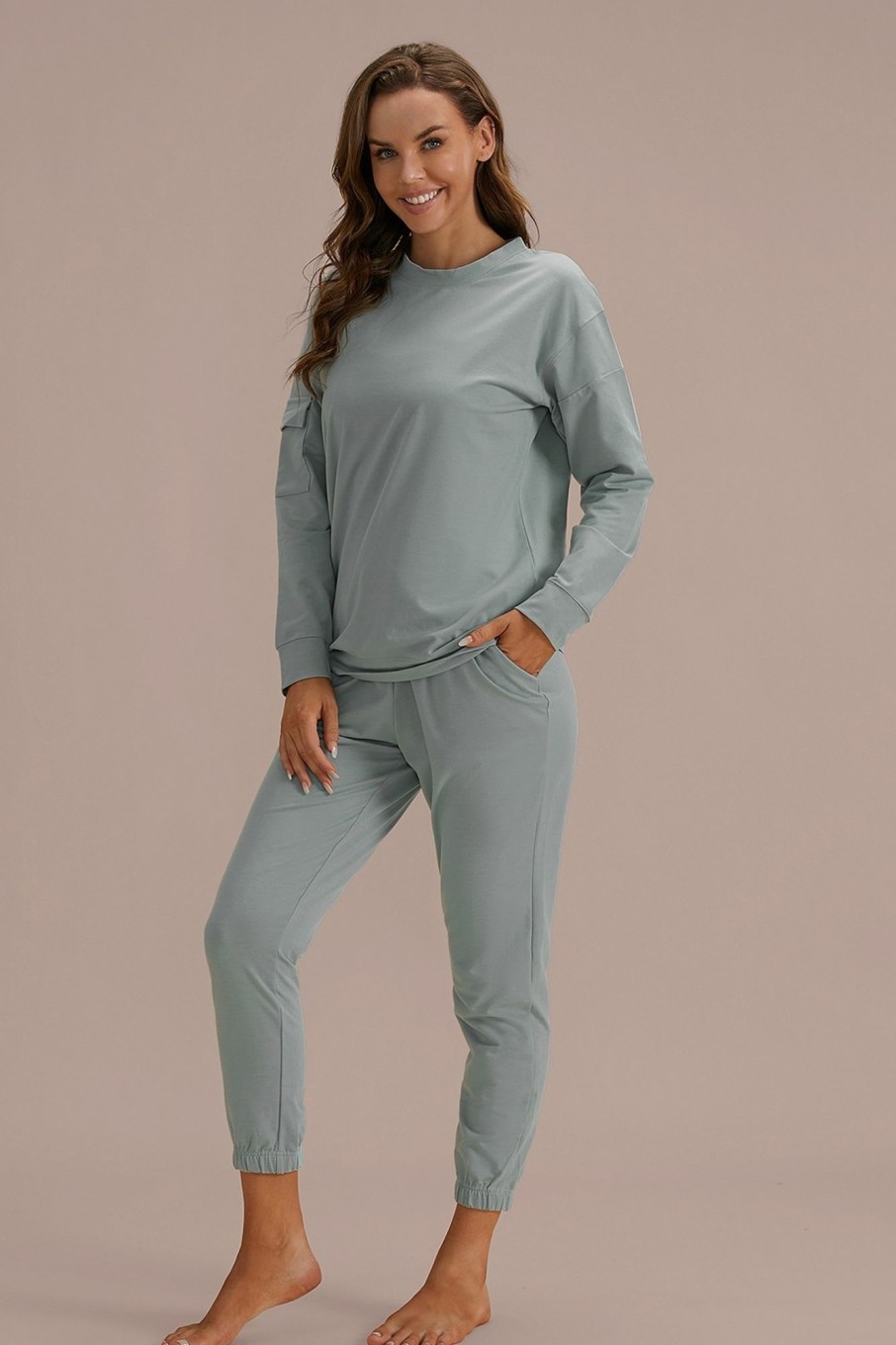 Hot Casual Long Sleeve Round Neck Cute Home Loungewear Set With Pocket As Picture