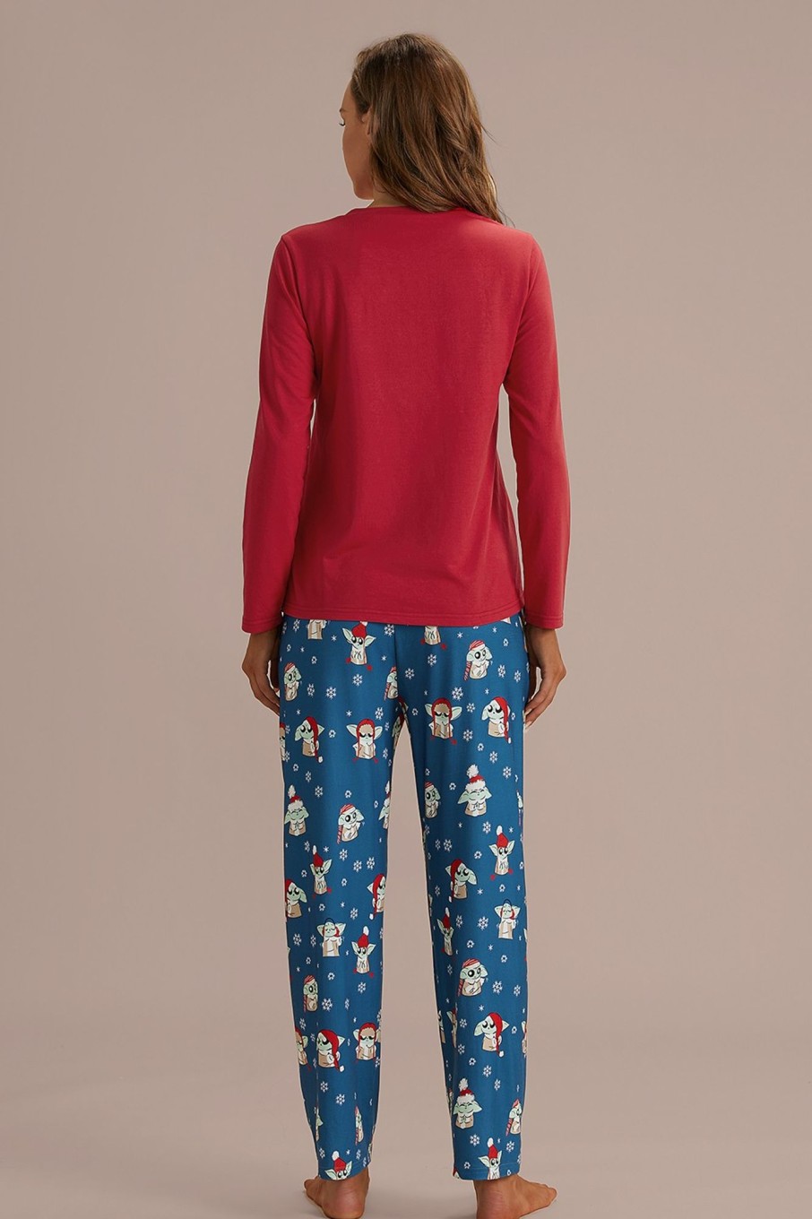 Best Cute Red Long Sleeve Round Neck Blue Pants Pj Set