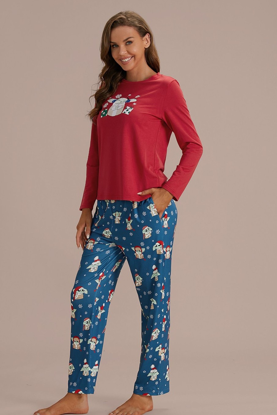 Best Cute Red Long Sleeve Round Neck Blue Pants Pj Set