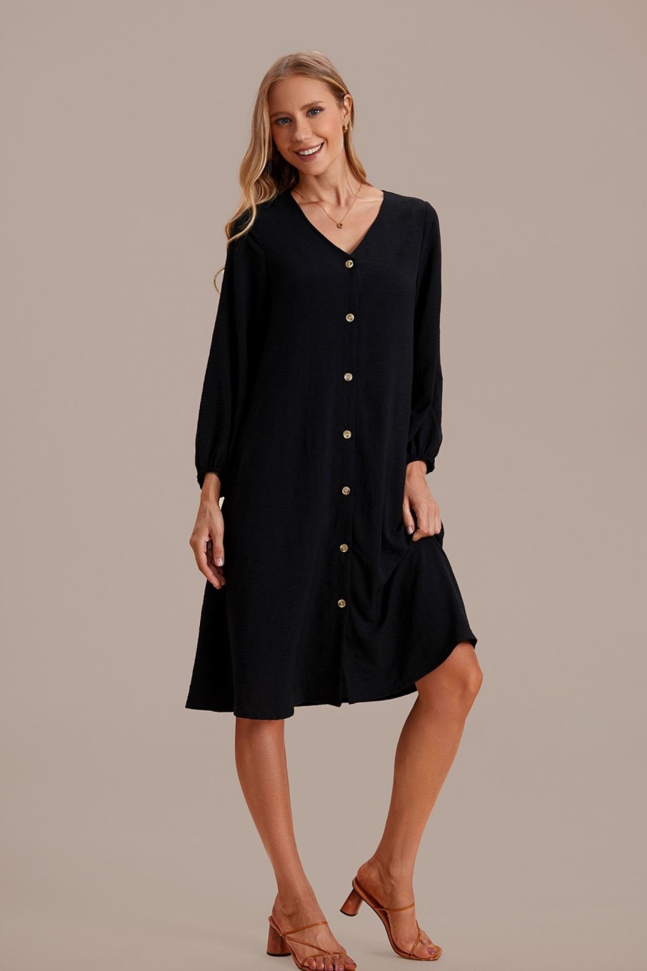 Wholesale Long Balloon Sleeve V Neck Button Front Midi Dress Black